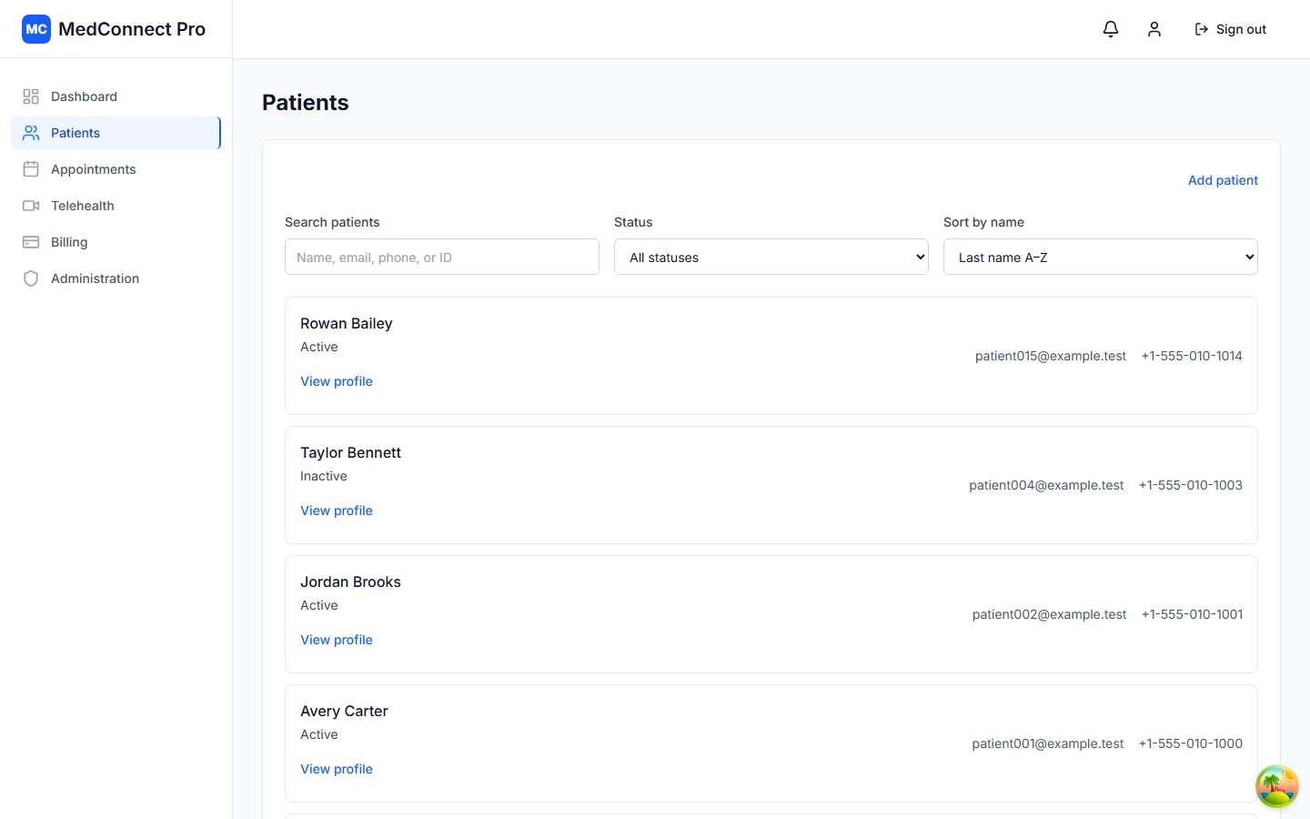 Patients directory with synthetic demo records