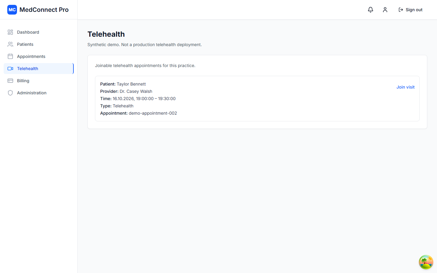 Telehealth lobby with a synthetic demo visit
